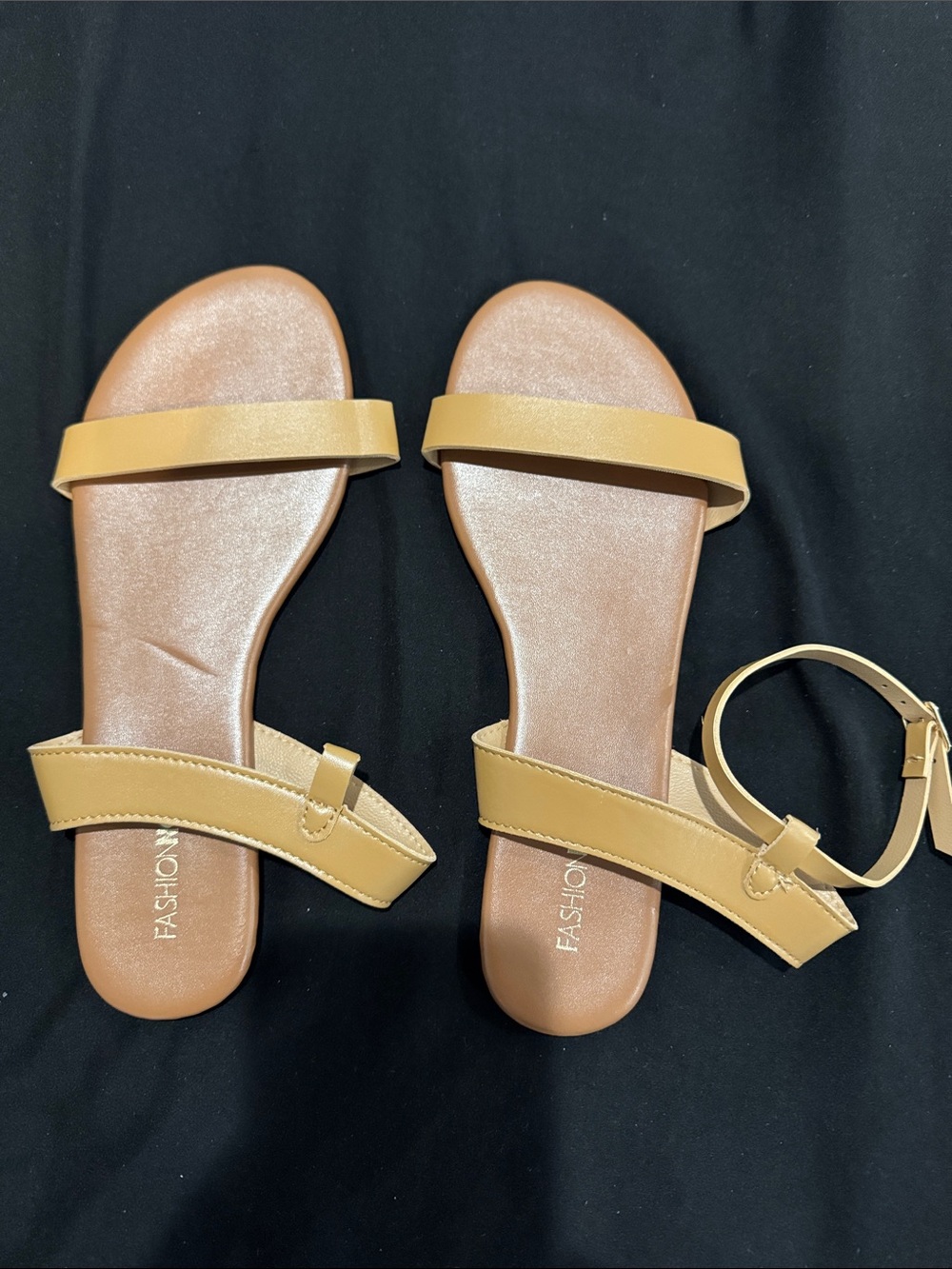 Fashion Nova Mustard/Tan Flat Ankle-Strap Sandals
